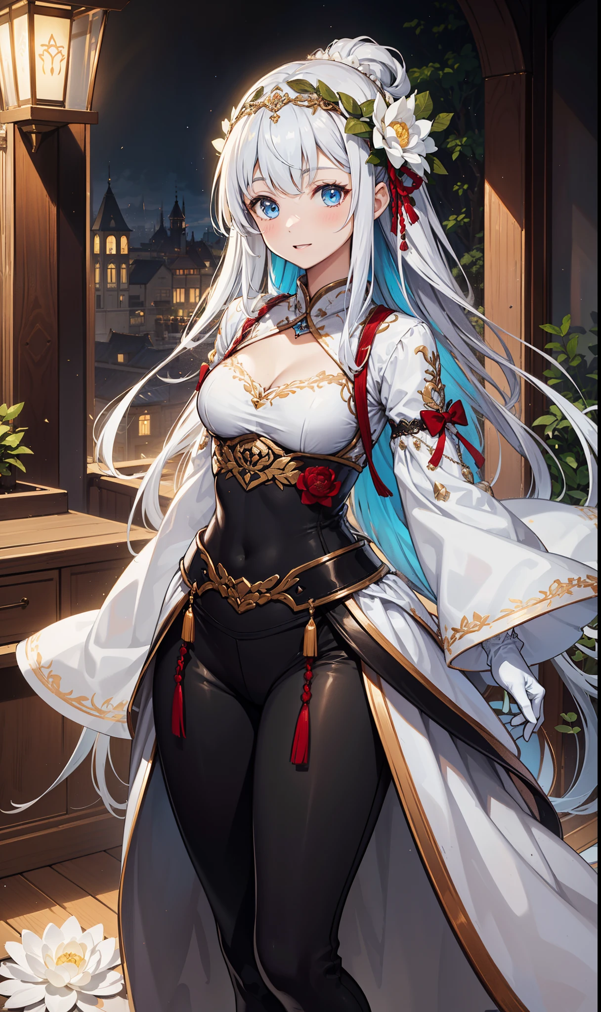 Teenage Girl，Attractions，having fun，in love，(Girl wearing black high-waisted trousers and leggings with delicate embroidery)，(White Lotus Bow Gloves)，white hair，blue eyes，The upper body is a semi-transparent white shirt，sacred headdress，Transparent lace，Exquisite clothing，only，European style bedroom，(night:1.1)，Pretty Face，