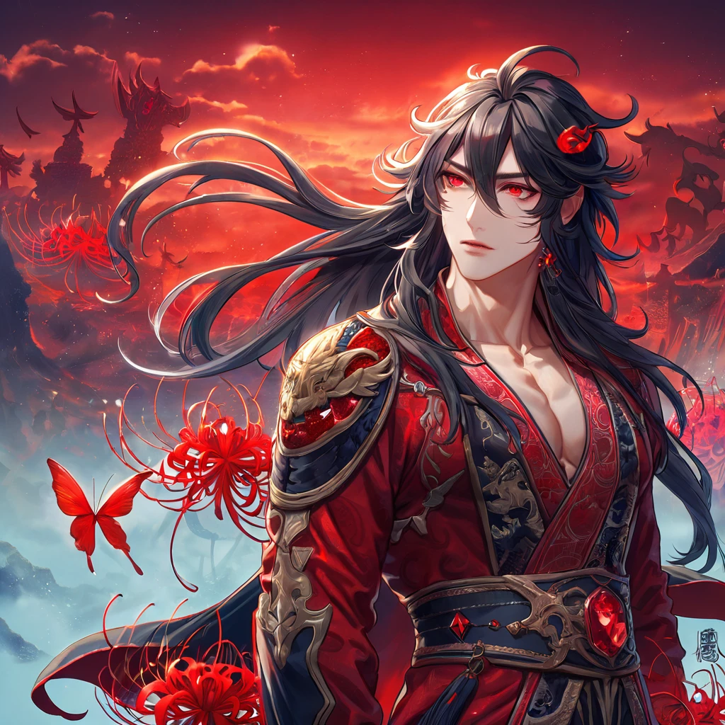 absurdres, highres, ultra detailed, HDR, master piece, best quality, extremely detailed face, delicated features, Xue Yu, untamed spiky hair, black long hair, hair between the eyes, expressive red eyes, Thousand Years War, solo, sexy man, handsome, toned chest, black cape, red robes, accessories, patterns, red sky, red butterflies, red spider lilies, fantasy, magical, radiant