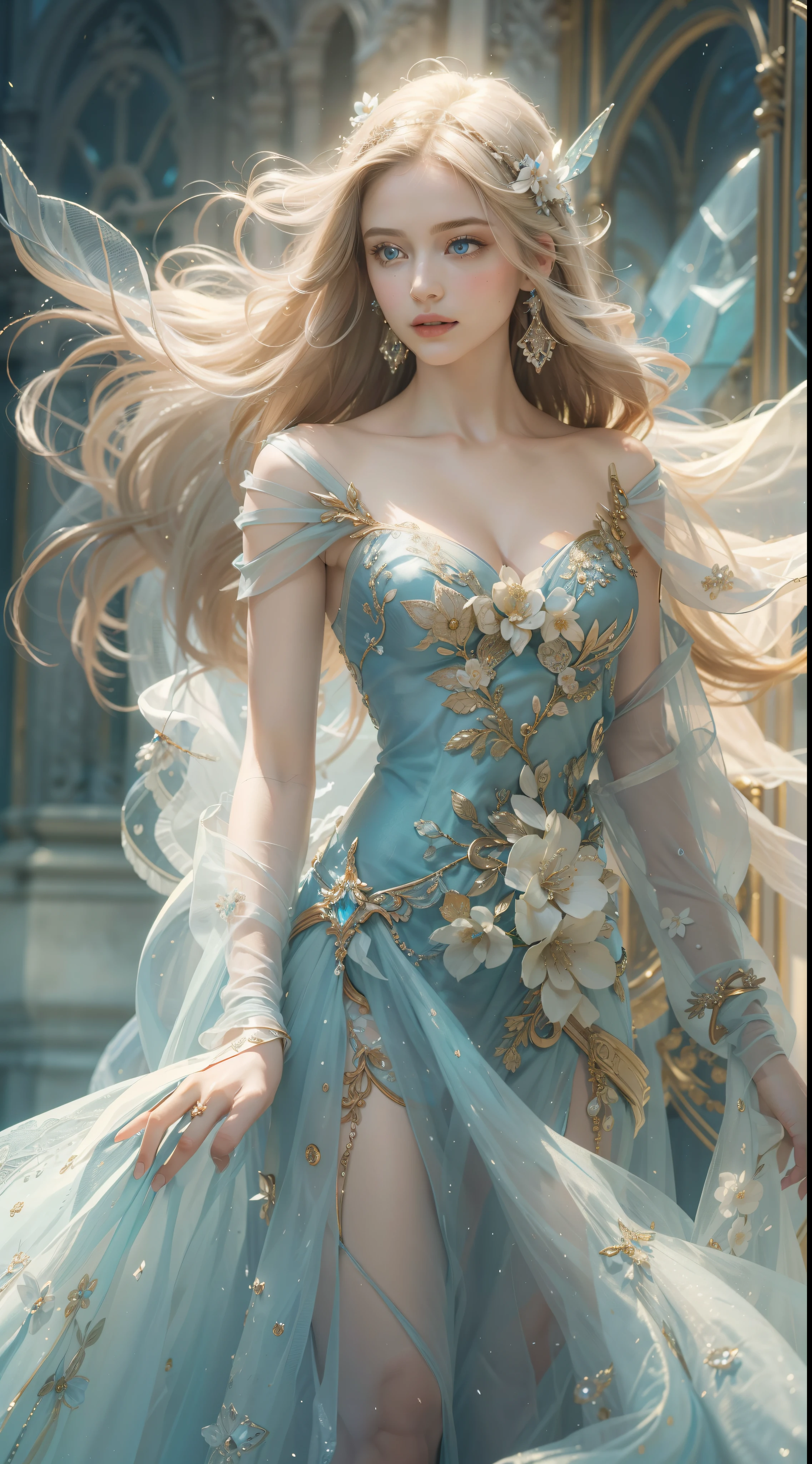 (Best quality,8K,High accuracy,Masterpiece:1.2),Very detailed,(real,reality,صور reality:1.37),painting,Creative artwork,historical,classic,developed,An abundance of colours,Very detailed,Soft lighting,Luxurious environment,Delicate flowing fairy dress,Bespoke jewellery,which is athiri,Elegant pose,Graceful curves,Golden body proportions,Flowing and fluffy hair,The fabric patterns are breathtaking,Bright, clear blue eyes,Delicate floral decoration,A dazzling collection of sparkling crystal accessories,Which is mysterious and mysterious,Impeccable attention to detail.