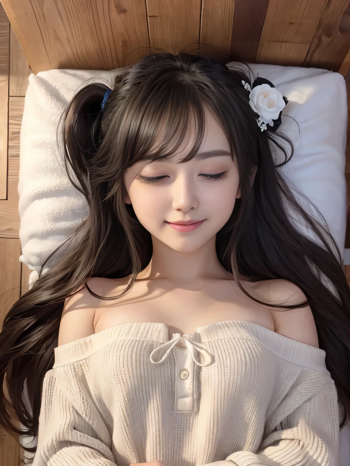 Gothic ta、beauty、A single photo、One Woman、White clothes、camisole、Cute sleeping face、smile、Smiling with teeth showing、Sleep、In the futon、close your eyes、No makeup、No makeup、20-year-old、Fair skin、Black Hair、