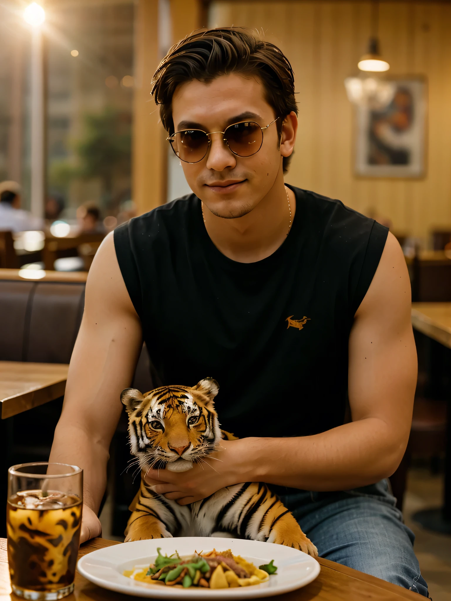 A boy sitting in a restaurant holding a tiger, cool guy, sun glasses, golden hour, 4k, bokeh,