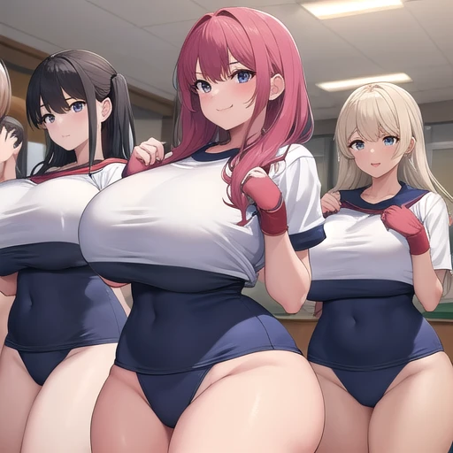 School Gym suit,huge breasts,talking 3Women,buruma,smile,classroom,