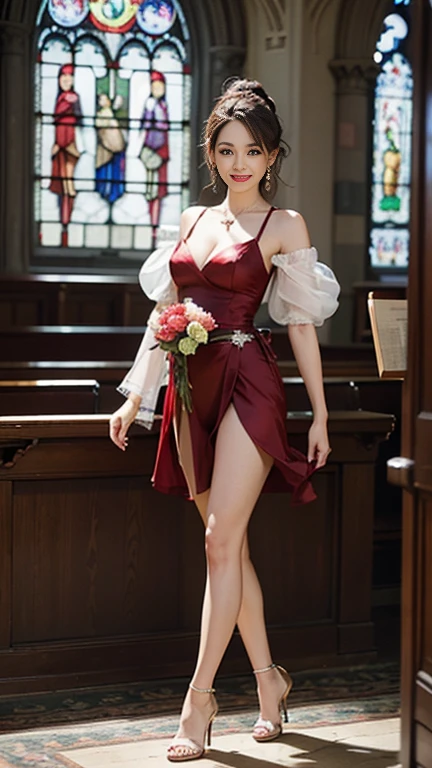  highest quality, Realistic, Very detailed, finely, High resolution, 8k wallpaper, Beautiful woman,, Brown hair short ponytail, (Silk Red Shot－Todres), Perfect dynamic composition, finelyて美しい目, Ample breasts, Realistic , smile,  Model Body Type、Earrings,garnet necklace,tiara,(Holding a bouquet）,High heels,Beautiful feet,(Church with beautiful stained glass),Full Body Shot:1.3,Smile and laugh,