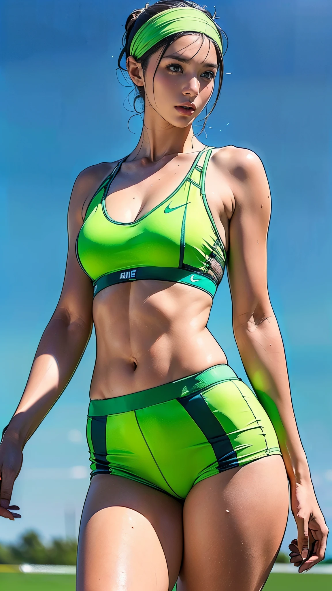 (One Woman),(Female track and field athlete),(Green ultra-high leg racing bloomers:1.5),(Green micro racing bra:1.5),(Nike style:1.2),(Wearing a headband:1.5),((Fit-fit uniforms:1.5)),(short hair),(front),(Beautiful Eyes:1.3),(Beautiful Face:1.3),(Very detailedな顔:1.5),((Very detailedな手の描画:1.5)),(Sunburned skin:1.5),((Muscular:1.5)),(Serious:1.5),(Thick thighs:1.5),(Well-built:1.5),(Beautiful body:1.5),(Sweaty:1.1),((Very sensual:1.5)),(The background is clear sky:1.5),(((Blur the background:1.5))),(Gentle light:1.5),(Written boundary depth:1.5),BREAK(((masterpiece:1.5),(highest quality:1.5),(Very detailed:1.5),(High resolution:1.5),(Realistic:1.5),(Realistic:1.5),(Delicate drawing))),8k,wallpaper
