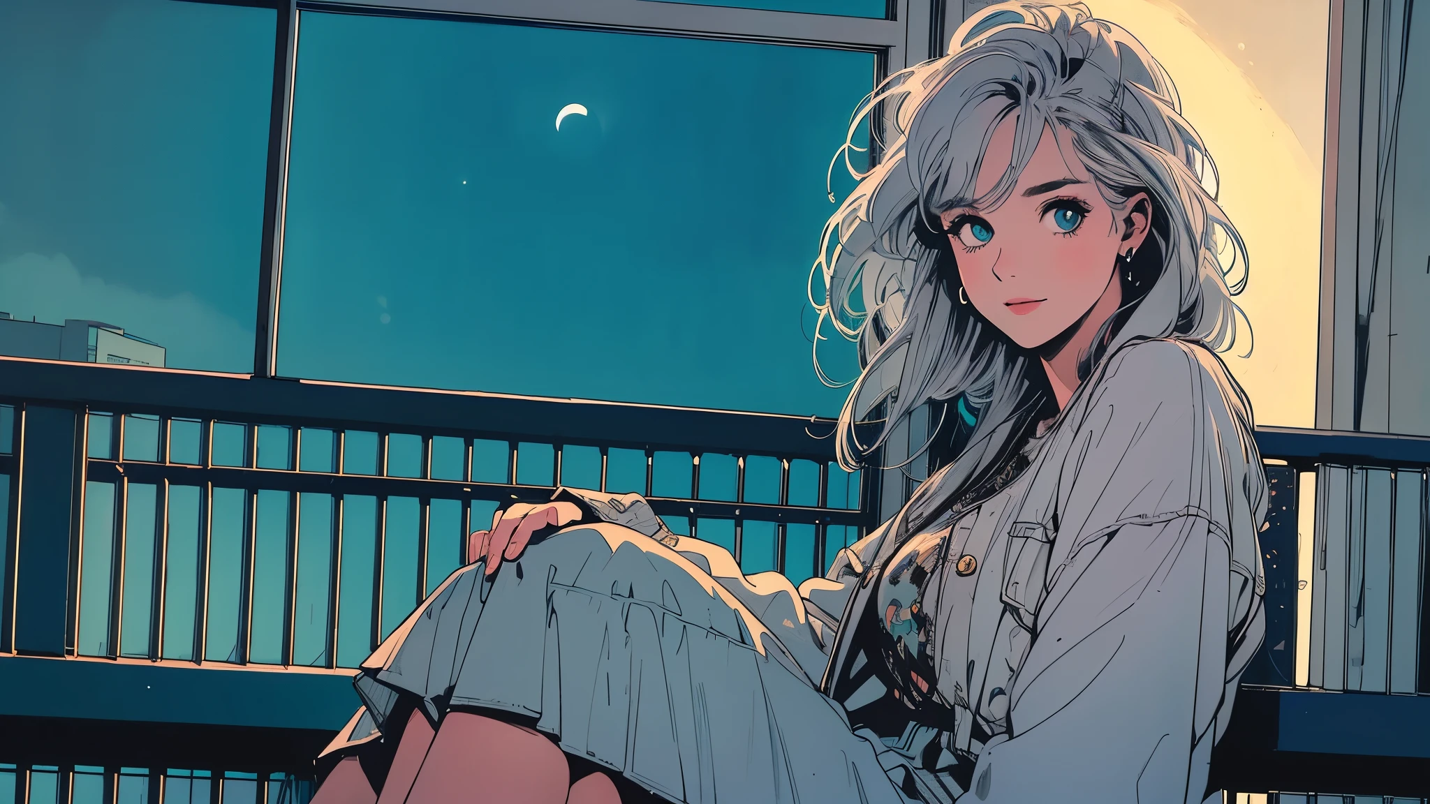 (masterpiece), highest quality, Cyan eyes, Light grey hair, Expressive eyes, Jorhaya, Sitting in a high-rise apartment room, Night Sky, Cityscape, View Viewer, City lights, window, highlight, Dramatic Light, Calm face,Smiling、Full moon night