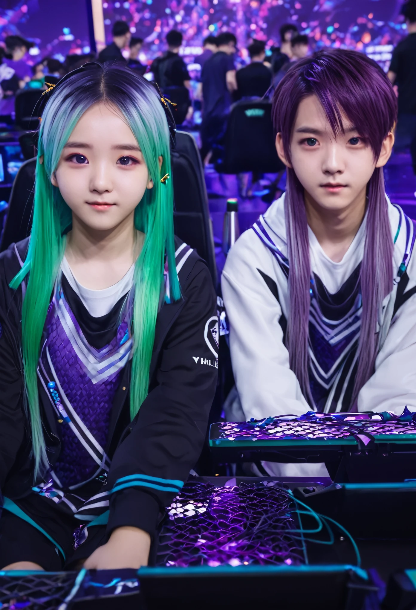 (1 boy, 1  girl)，couple, yinji, Purple Eyes, purple gradient hair, Weaving, Hair accessories, Weaving, twin Weaving, long hair, Cute expression, Handsome, short, (Game hall, Esports atmosphere, Blue and Green, Esports elements), List of available roles,male&#39;Hairstyle, Unique character design,