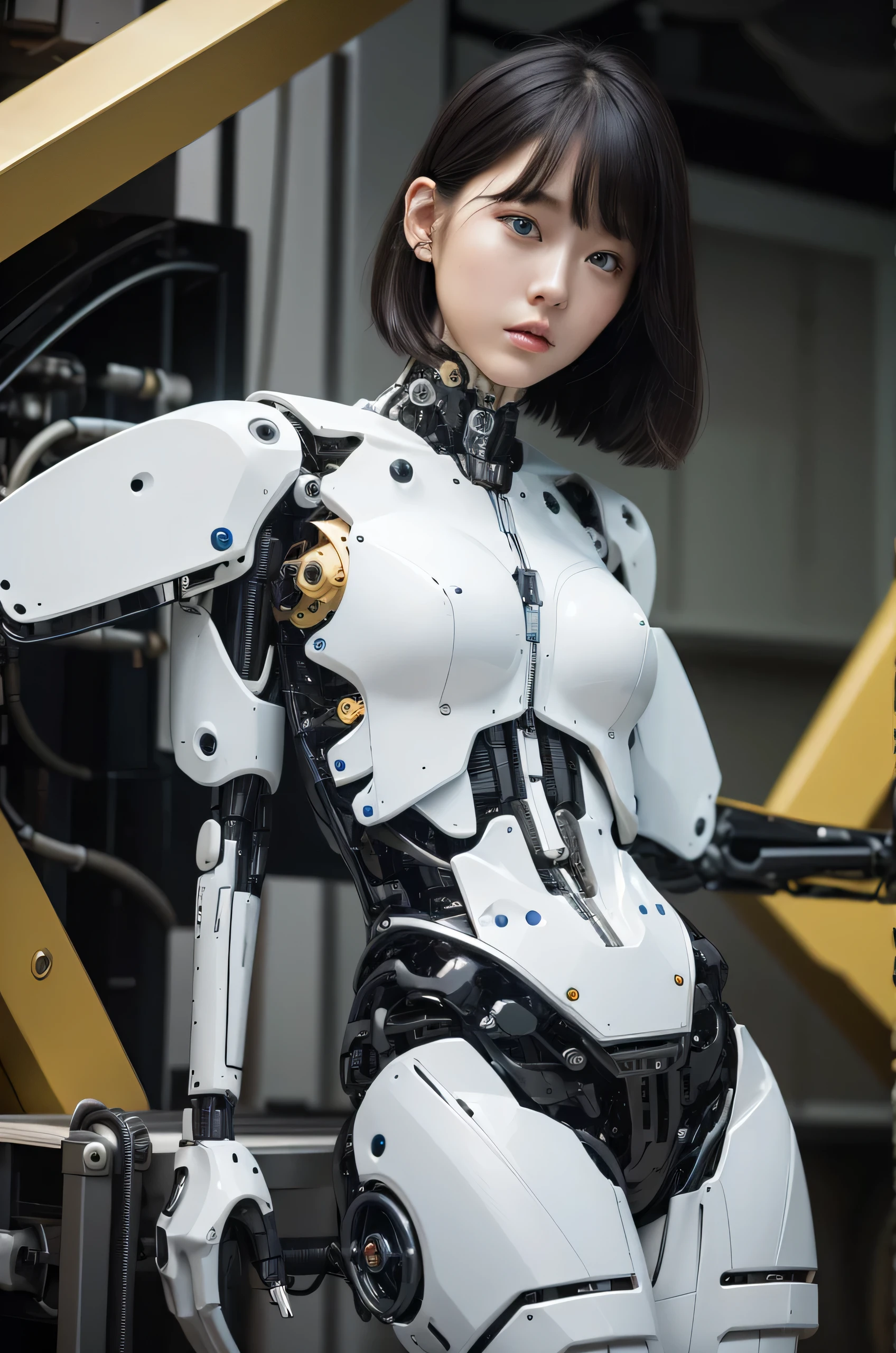 masterpiece, Best Quality, Extremely detailed, 8K portrait,Japaese android woman,Plump,control panels,android,Droid,Mechanical Hand, ,Robot arms and legs, Black hair,Mechanical body,Blunt bangs,White Robotics Parts,perfect robot woman,Charging spot,Long Tube,A thick cable was connected to her neck,ceramic body ,Mechanical body, mechanical ear covers,android,robot humanoid,a bit chubby,panty,She is exhibits,perfect mechanical body,white robotics body,future laboratory,blue eyes