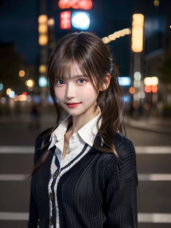 One Girl, (Full Body Shot),(hires.fix:1.4)、(Collared shirt:1.4), (cardigan:1.3),(Long skirt:1.3)、(RAW Photos, highest quality), (Realistic, Photorealistic:1.4), (My hair is messy, Asymmetrical bangs, Dark brown hair,ponytail:1.3),smile、 Very delicate and beautiful, Very detailed, 8k wallpaper, wonderful, In detail, Very detailedなCG Unity, High resolution, Soft Light, Beautifully detailed 19 year old girl, Very detailedな目と顔, Beautifully detailed nose, Beautiful fine details,Cinema Lighting,City lights at night,Perfect Anatomy,Slim body, large breasts