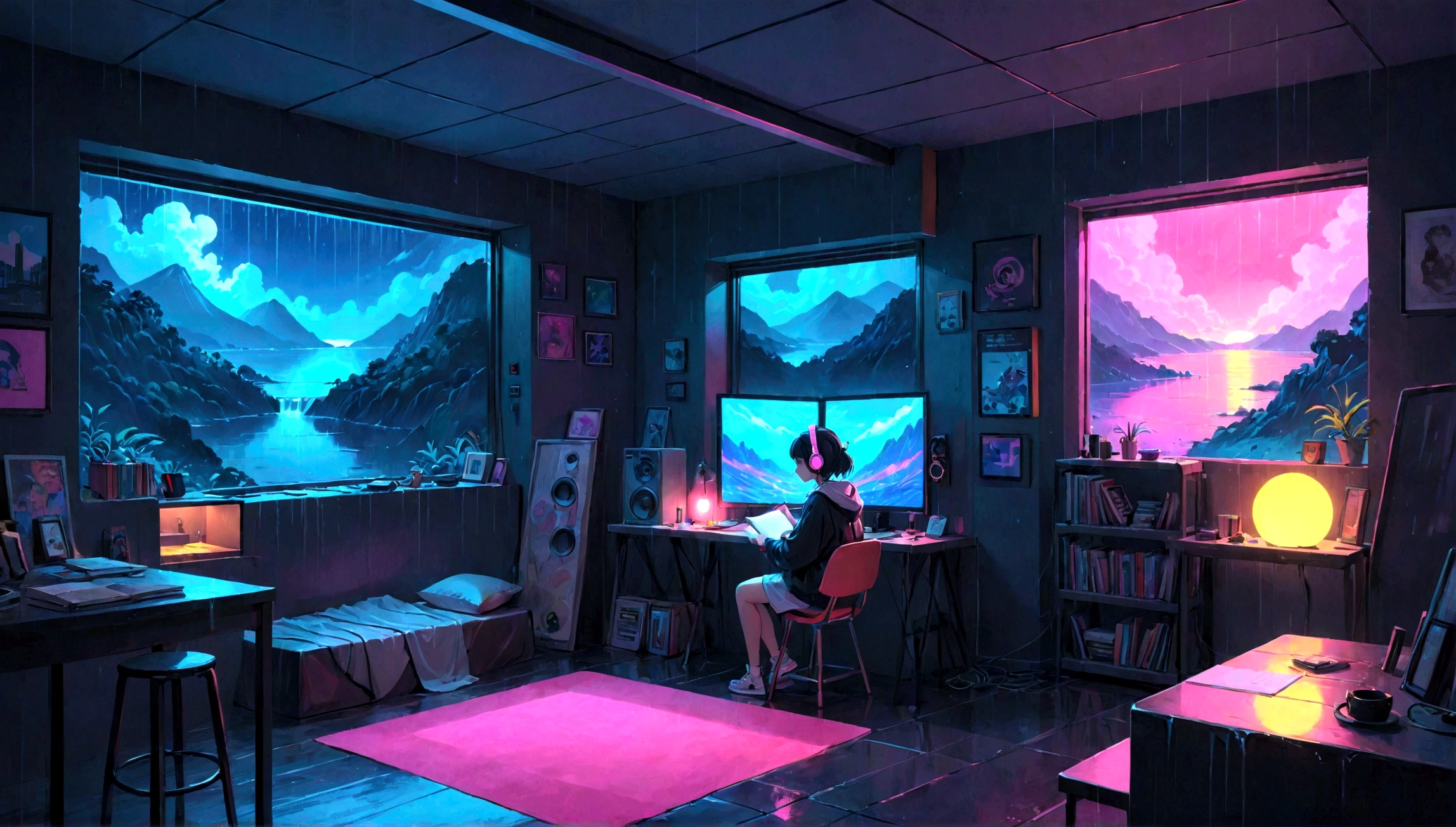 (zero), Girl studying in room, Reading a book, Wear headphones, , Night lighting, Neon scenery on a rainy day,Analog Color Theme, Lo-fi Hip Hop , retrospective exhibition, flat, 2.5D ,Draw a line, Ink drawing, Large slope, Watercolor, Goosh Colors, Studio Ghibli style, Great colorful, Outerton, Synthwave, Lofi Art,90s Style,Old Texture, amplitude,90s vibe, Tabletop, Great technology, 16:9 Scale
