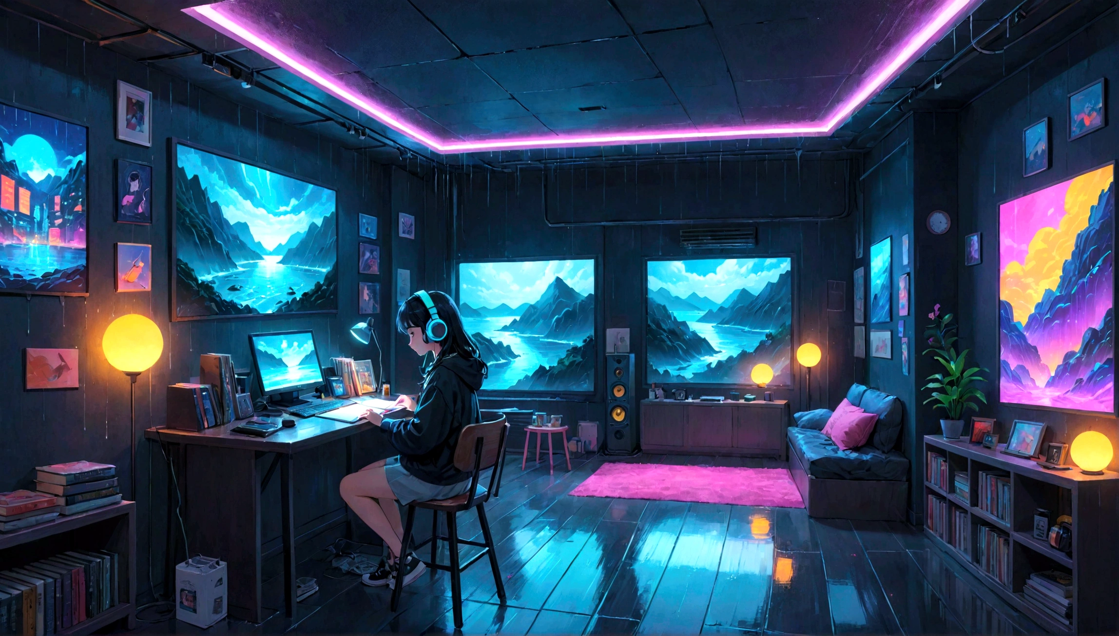 (zero), Girl studying in room, Reading a book, Wear headphones, , Night lighting, Neon scenery on a rainy day,Analog Color Theme, Lo-fi Hip Hop , retrospective exhibition, flat, 2.5D ,Draw a line, Ink drawing, Large slope, Watercolor, Goosh Colors, Studio Ghibli style, Great colorful, Outerton, Synthwave, Lofi Art,90s Style,Old Texture, amplitude,90s vibe, Tabletop, Great technology, 16:9 Scale
