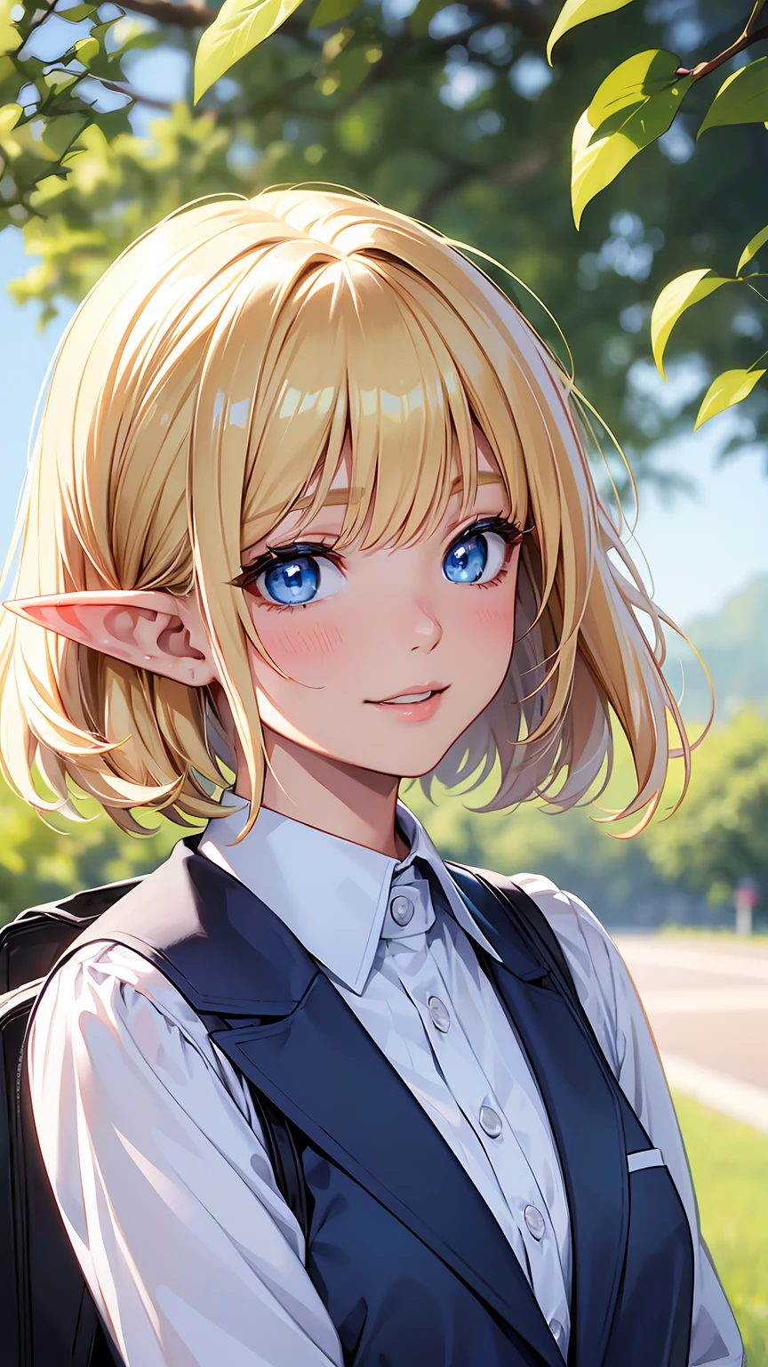 16k、masterpiece、High resolution、High resolution、((Mature Elf Woman))、((Shiny white skin))、((Beautiful blonde))、Bobcut、((Beautiful Blue Eyes))、((Long, narrow eyes))、((Pointy Ears))、Laughing with your mouth open、Pink Lip Gloss、blush、School blazer uniform、In front of the school gate、((Upper body close-up))