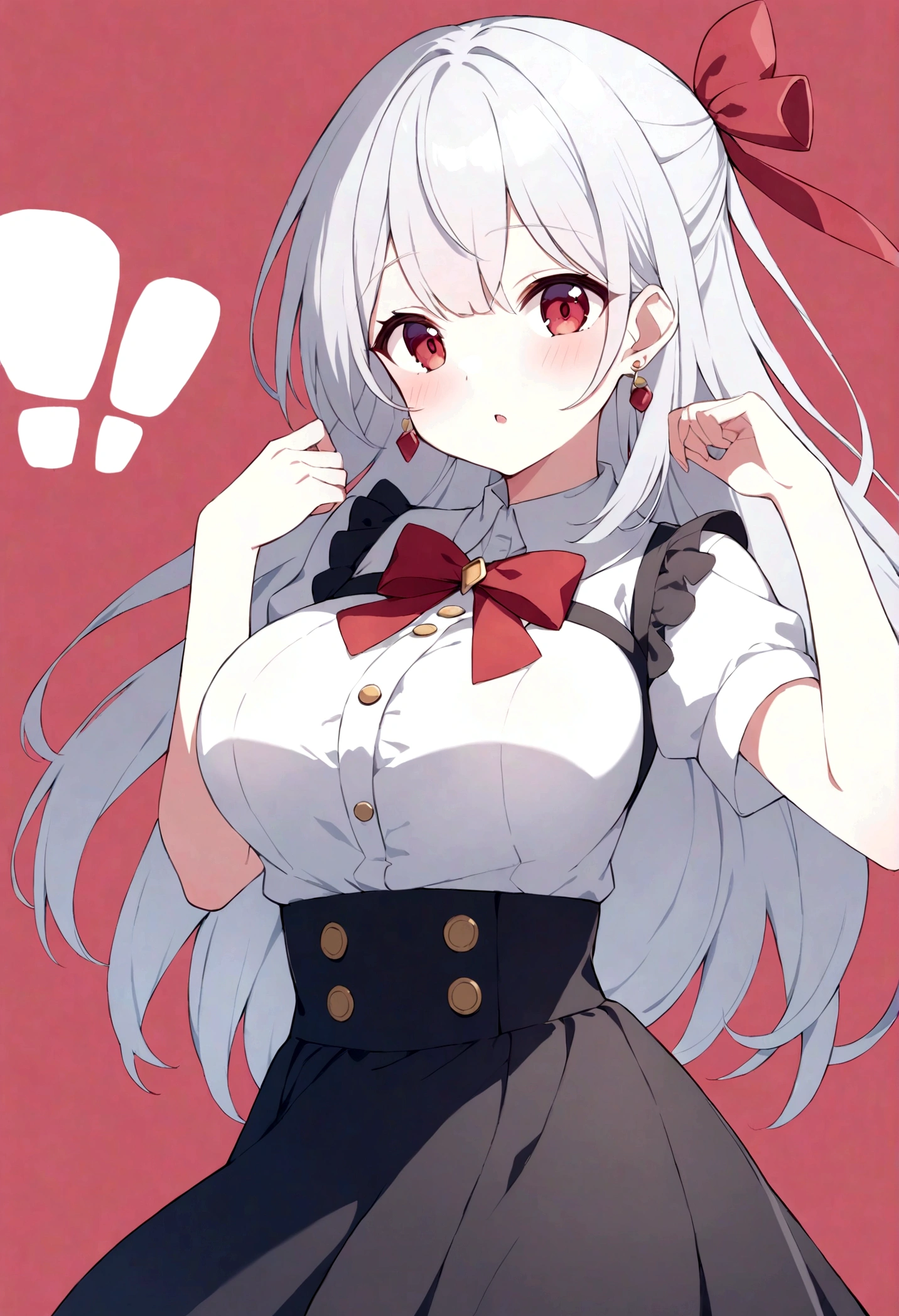 (quality,pixiv,
vinegar,1 Girl,Solitary,earrings,Jewelry,Red Eyes,Red background,breast,Ribbon,long hair,looking at the audience,hair Ribbon,Simple background,like \(destiny\),Ma Kirito Sakura,Bangs,large breast,Short sleeve,black skirt,red Ribbon,transparent,Shut up,skirt,Gray hair,white hair,Puff sleeves,Buttons,red bow,bow,