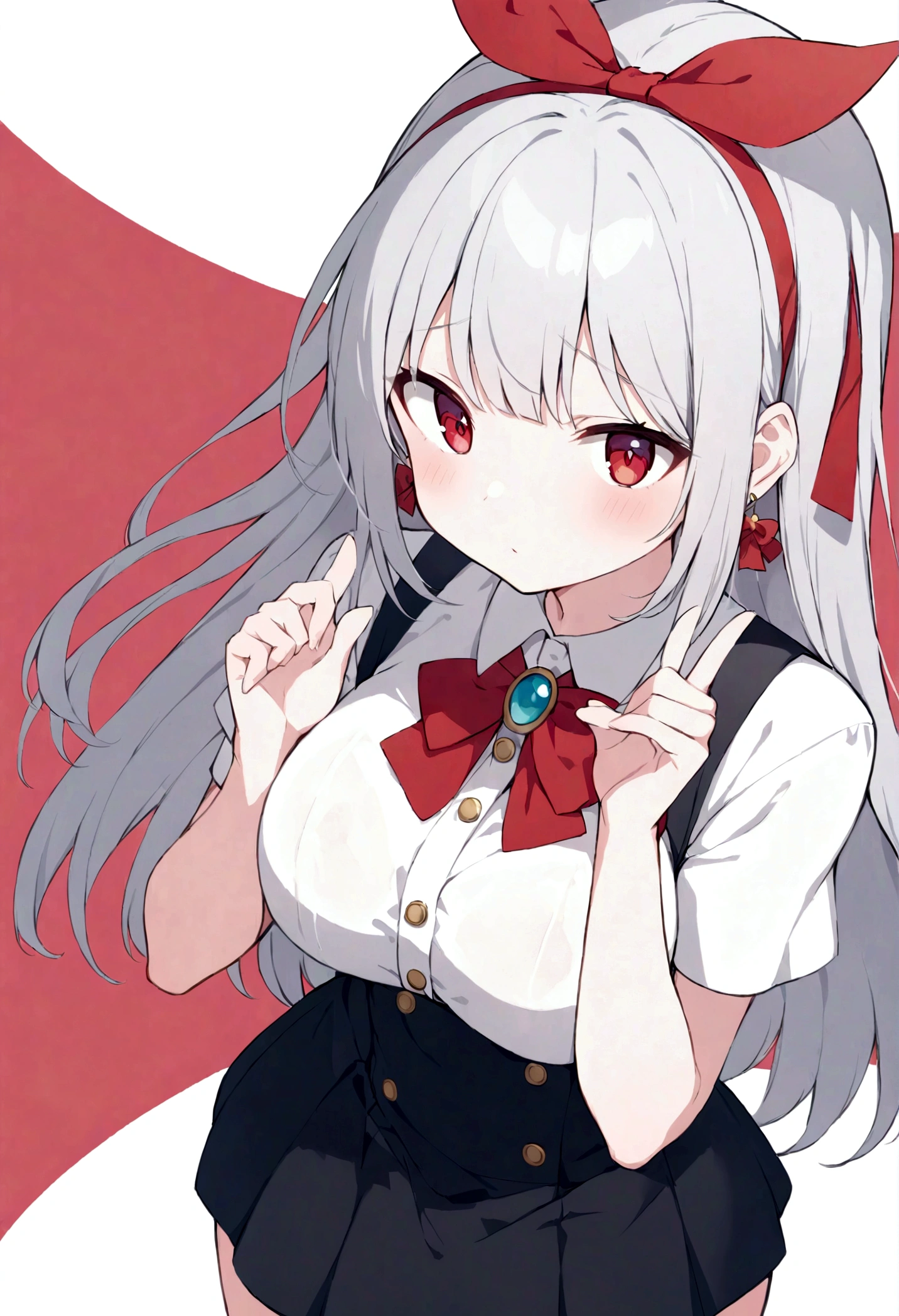 (quality,pixiv,
vinegar,1 Girl,Solitary,earrings,Jewelry,Red Eyes,Red background,breast,Ribbon,long hair,looking at the audience,hair Ribbon,Simple background,like \(destiny\),Ma Kirito Sakura,Bangs,large breast,Short sleeve,black skirt,red Ribbon,transparent,Shut up,skirt,Gray hair,white hair,Puff sleeves,Buttons,red bow,bow,