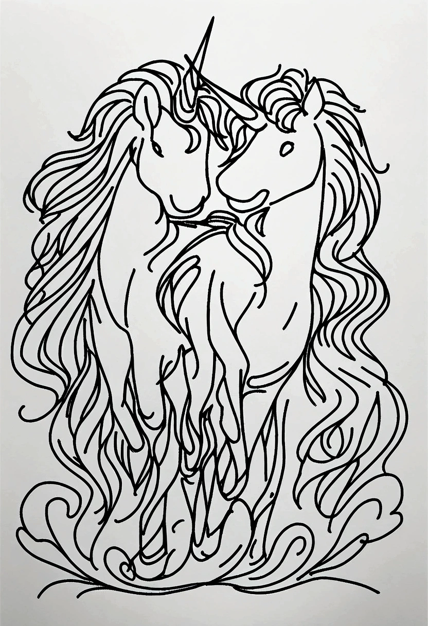 different unicorns, coloring page for kids, line art, no color, white background