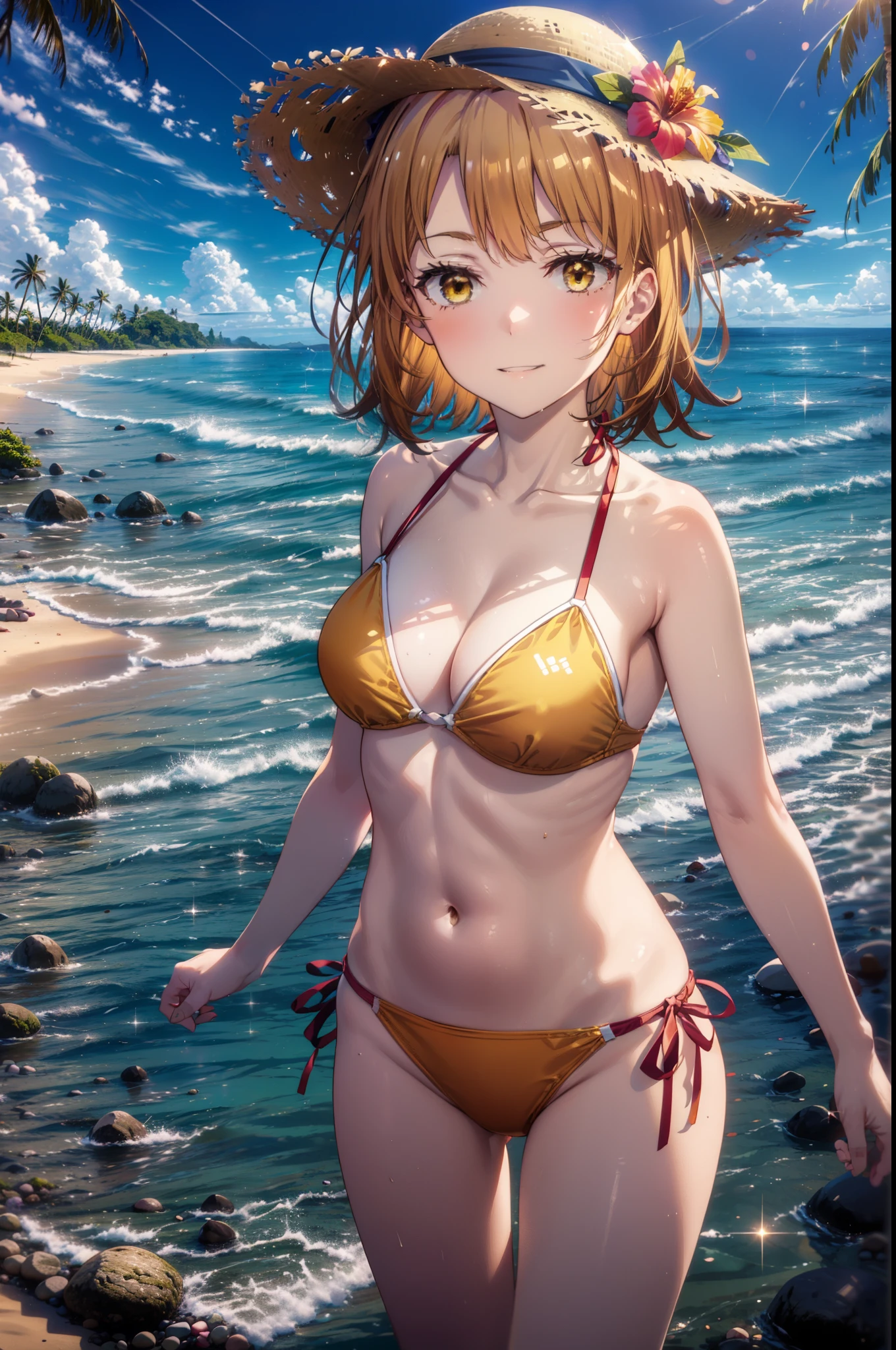 irohaisshiki, iroha isshiki, short hair, Brown Hair, (Brown eyes:1.5), smile,Yellow bikini swimsuit,Hibiscus hair accessory,barefoot,Big straw hat,Palm tree,Clear skies,whole bodyがイラストに入るように,Walking,
break outdoors, Beach,Sandy Beach,
break looking at viewer,whole body,(Cowboy Shot:1. 5)
break (masterpiece:1.2), highest quality, High resolution, unity 8k wallpaper, (figure:0.8), (Beautiful fine details:1.6), Highly detailed face, Perfect lighting, Highly detailed CG, (Perfect hands, Perfect Anatomy),