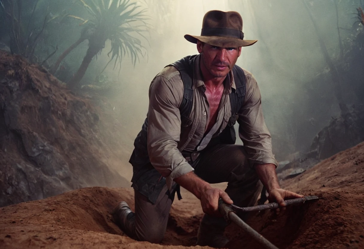 Indianajones Person digging, middle East background, Sideshow, eerie moody, iconic hat, film grain movie scene.