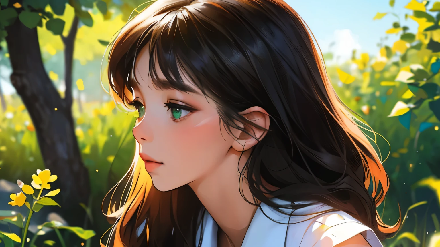 (masterpiece)),(((bestquality))),((ultra-detailed)) realisticlying, 1 girl, Beautiful, black hair, sweeter, morning,  soft green. (Blur background 10%)