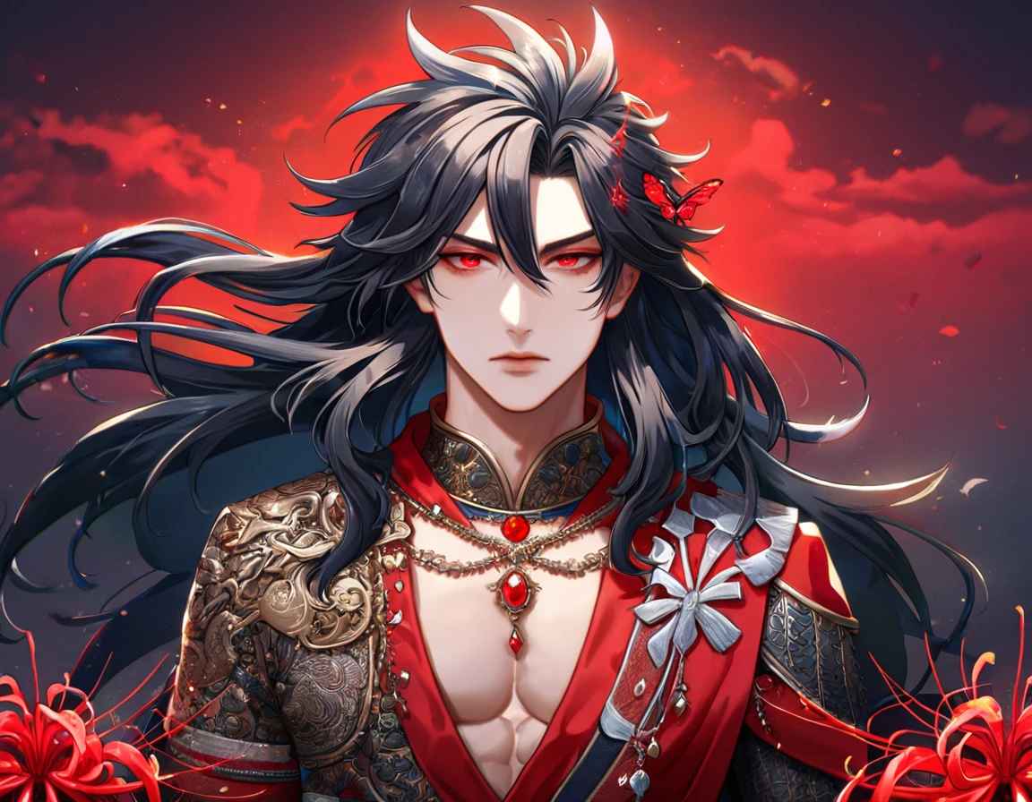 absurdres, highres, ultra detailed, HDR, master piece, best quality, extremely detailed face, delicated features, Xue Yu, untamed spiky hair, black long hair, hair between the eyes, expressive red eyes, Thousand Years War, solo, sexy man, handsome, toned chest, black cape, red robes, accessories, patterns, red sky, red butterflies, red spider lilies, fantasy, magical, radiant