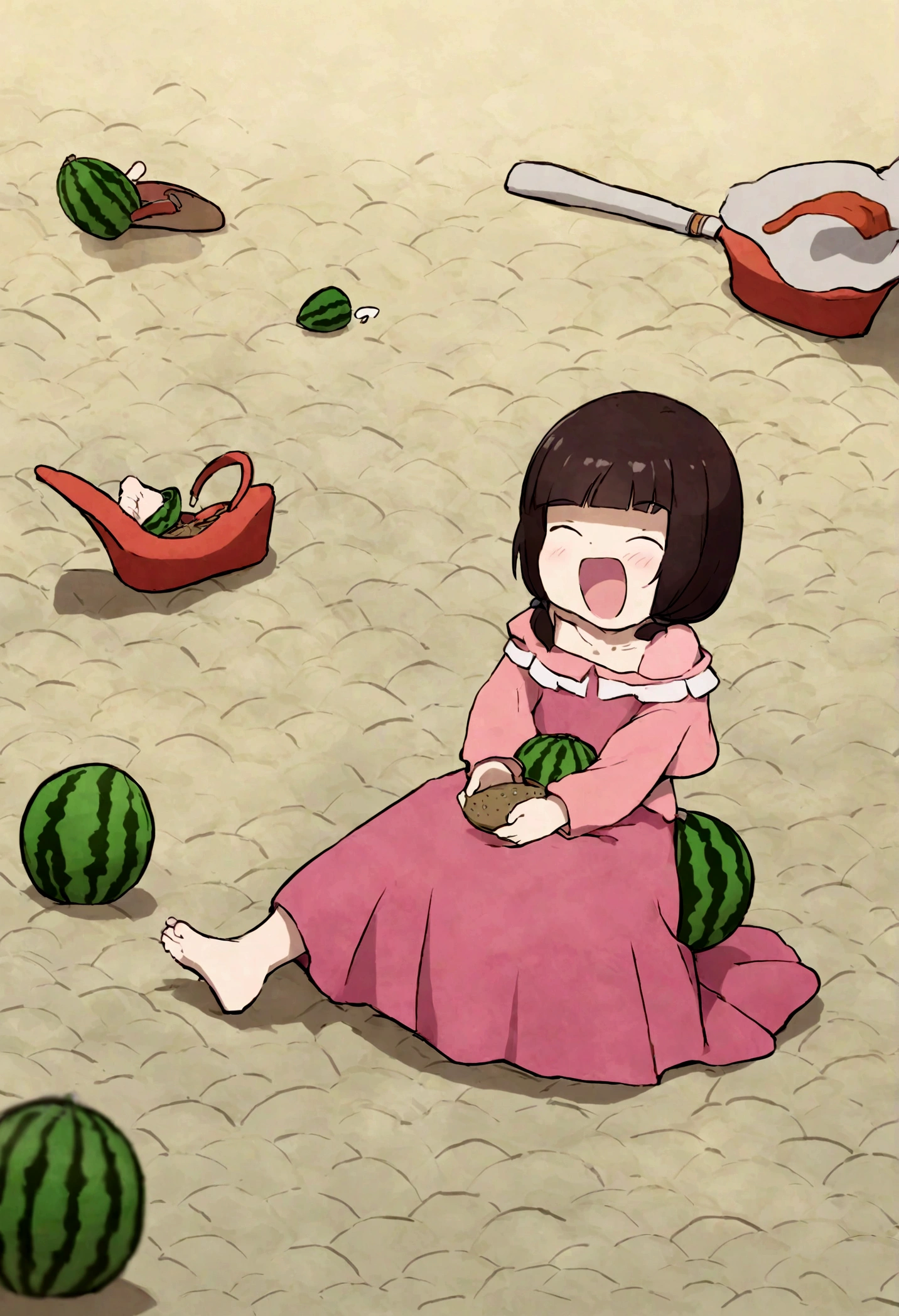  Bad girl with Japanese doll hair，The bangs completely cover the eyes，Sitting on the street eating melon seeds，Garbage melon seed shells all over the floor，Holding a cigarette，Barefoot in flip-flops，cartoon, laughing，