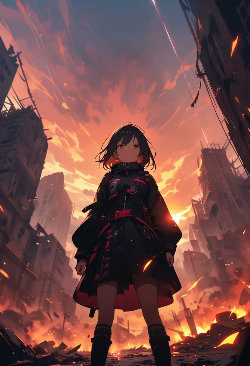 evil intention girl, Ruined city, battlefield, ruins, Smoke, Orange sky, dust, radiation, Starry Sky, from below, Wide-angle lens, movie lighting, Vague, Ultra wide angle, best quality, 8K