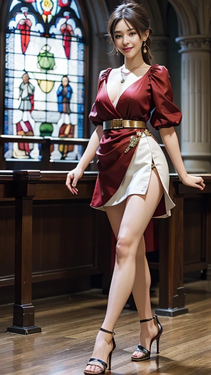 highest quality, Realistic, Very detailed, finely, High resolution, 8k wallpaper, Beautiful woman,, Brown hair short ponytail, (Silk Red Shot-Todres), Perfect dynamic composition, finelyて美しい目, Ample breasts, Realistic , smile, Model Body Type、Earrings,garnet necklace,tiara,(Holding a bouquet),High heels,Beautiful legs,(Church with beautiful stained glass),Full Body Shot:1.3,Smile and laugh,