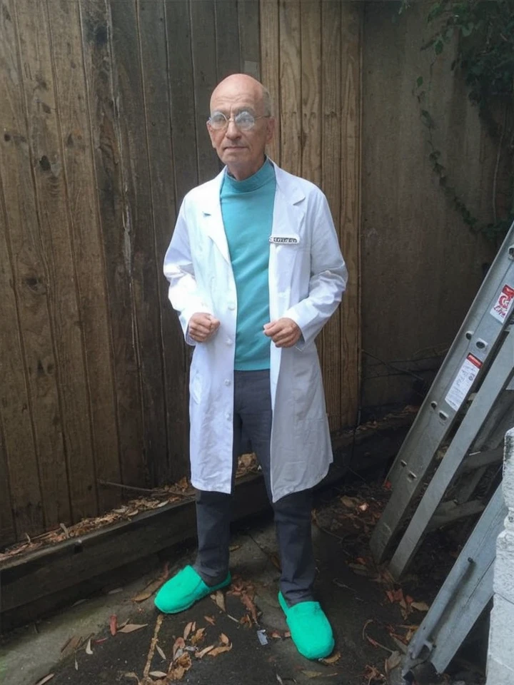 A 120-year-old scientist in a white coat, light gray pants, and slippers. Hyper realism, Hairless, Very pronounced wrinkles on the face