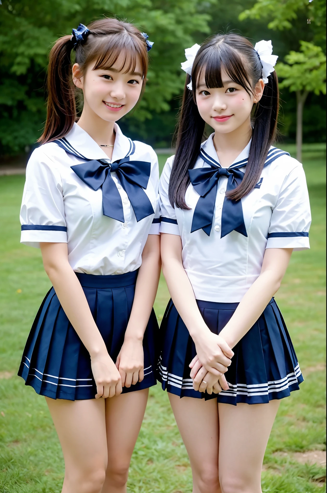 2 girls standing in school park,white short-sleeved sailor leotard with navy blue frills,plaid bow tie,18-year-old,bangs,a little smile,thighs,knees,short hair with low pigtails,from before,front light