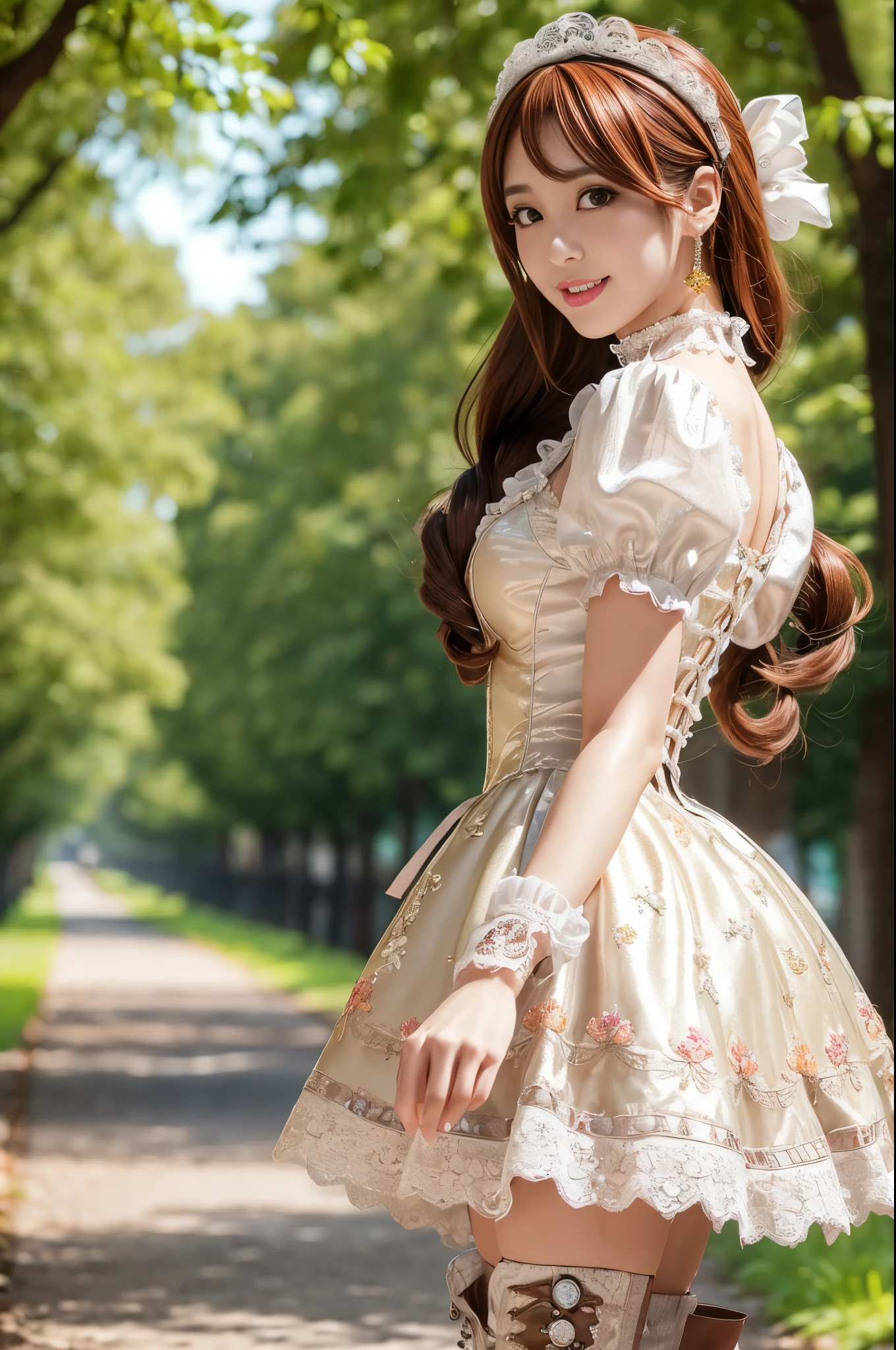 (nsfw), sexy stylish Japanese model, only 1 female, ((doll-like appearance)), short Auburn stylish hair, ((shiny Victorian-Style boots)), (big smile), ultra detailed eyes, vivid eye makeup, lip-gloss, long lashes, defined eyebrows, ((sexy Paradise Kiss cosplay)), bell-shaped skirt, petticoats, high neckline, puffed sleeves, ((ultra detailed lace)), ((ultra detailed embroidery)), intricate details, Paradise Kiss accessoires and matching headpiece, choker, ((large sparkling Paradise Kiss jewelry)), cinematic light, detailed large park background with trees