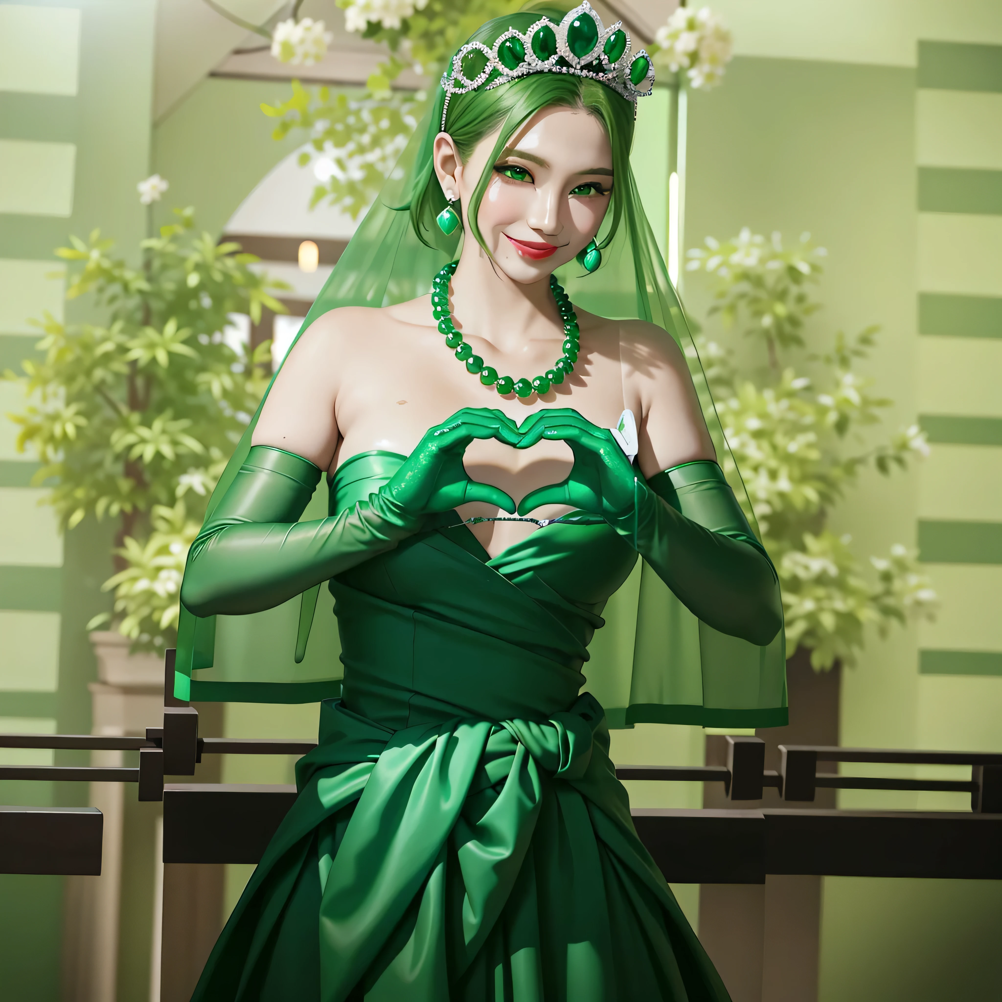 Emerald tiara, Green Pearl Necklace, Boyish very short green hair, Green Lips, Smiling Japanese woman, Very short hair, Busty beautiful lady, Green Eyes, Green satin long gloves, Green Eyes, Emerald Earrings, Green Veil, Heart with both hands, Green Hair, Beautiful Japanese Woman, Heart shaped hands:1.3, green lip gloss