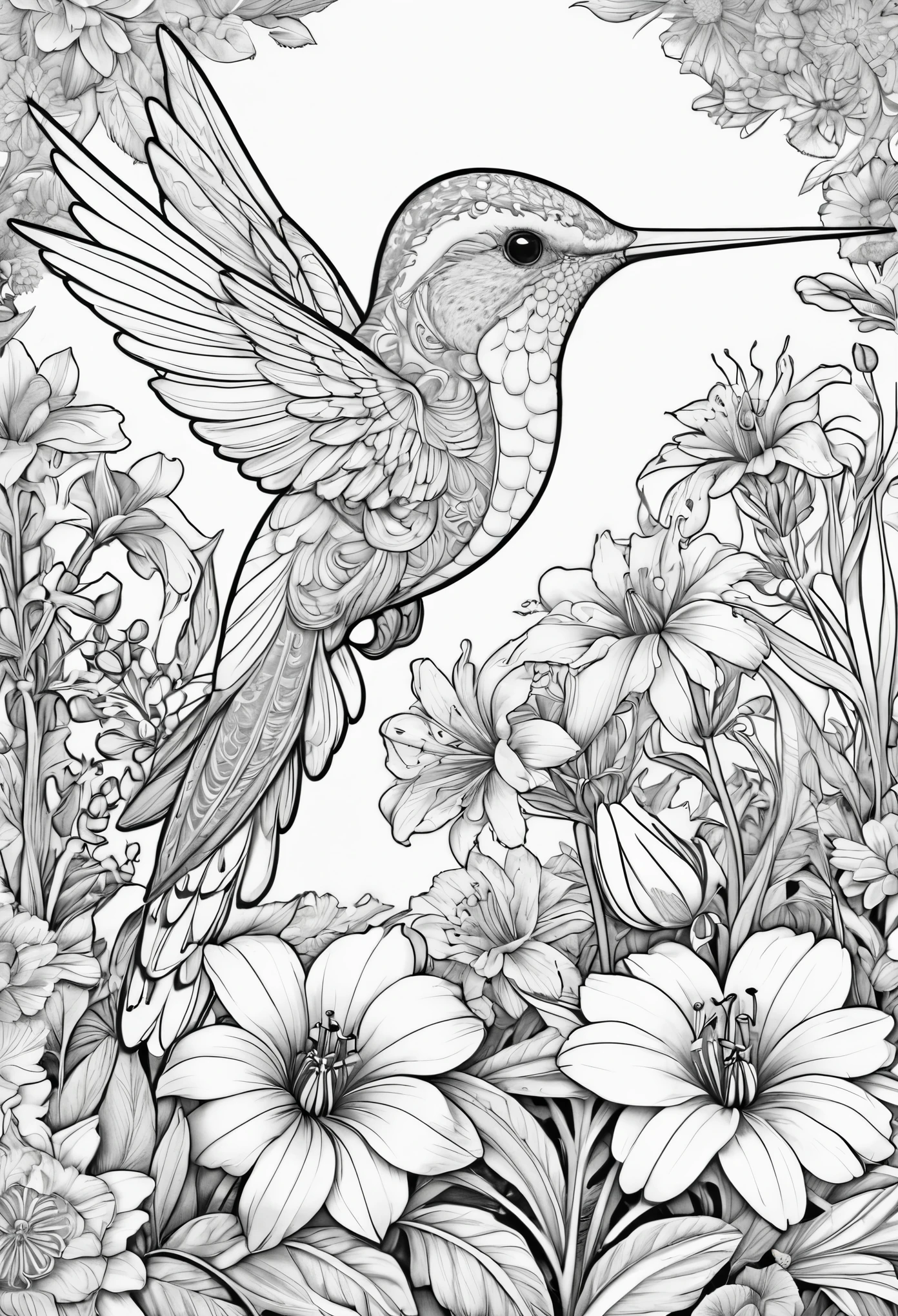 black and white, coloring book, Hummingbird sitting on a flower, on a natural background, beautifully detailed flowers suitable for coloring books. Kolibřík je zobrazen se detaily, vivid colors and high-resolution quality, which immerses the audience in the scene. only detailed large flowers, nothing blurred or background blurred, all lines so that they can be painted well