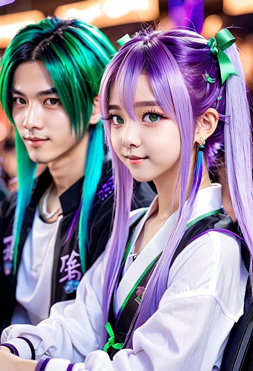(1 boy, 1 little girl),couple, yinji, Purple Eyes, purple gradient hair, Weaving, Hair accessories, Weaving, twin Weaving, long hair, Cute expression, Handsome, short, (Game hall, Esports atmosphere, Blue and Green, Esports elements), List of available roles,male'Hairstyle, Unique character design,