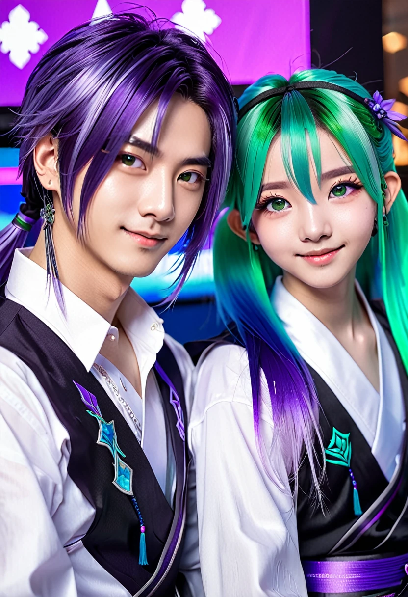(1 boy, 1 little girl),couple, yinji, Purple Eyes, purple gradient hair, Weaving, Hair accessories, Weaving, twin Weaving, long hair, Cute expression, Handsome, short, (Game hall, Esports atmosphere, Blue and Green, Esports elements), List of available roles,male'Hairstyle, Unique character design,
