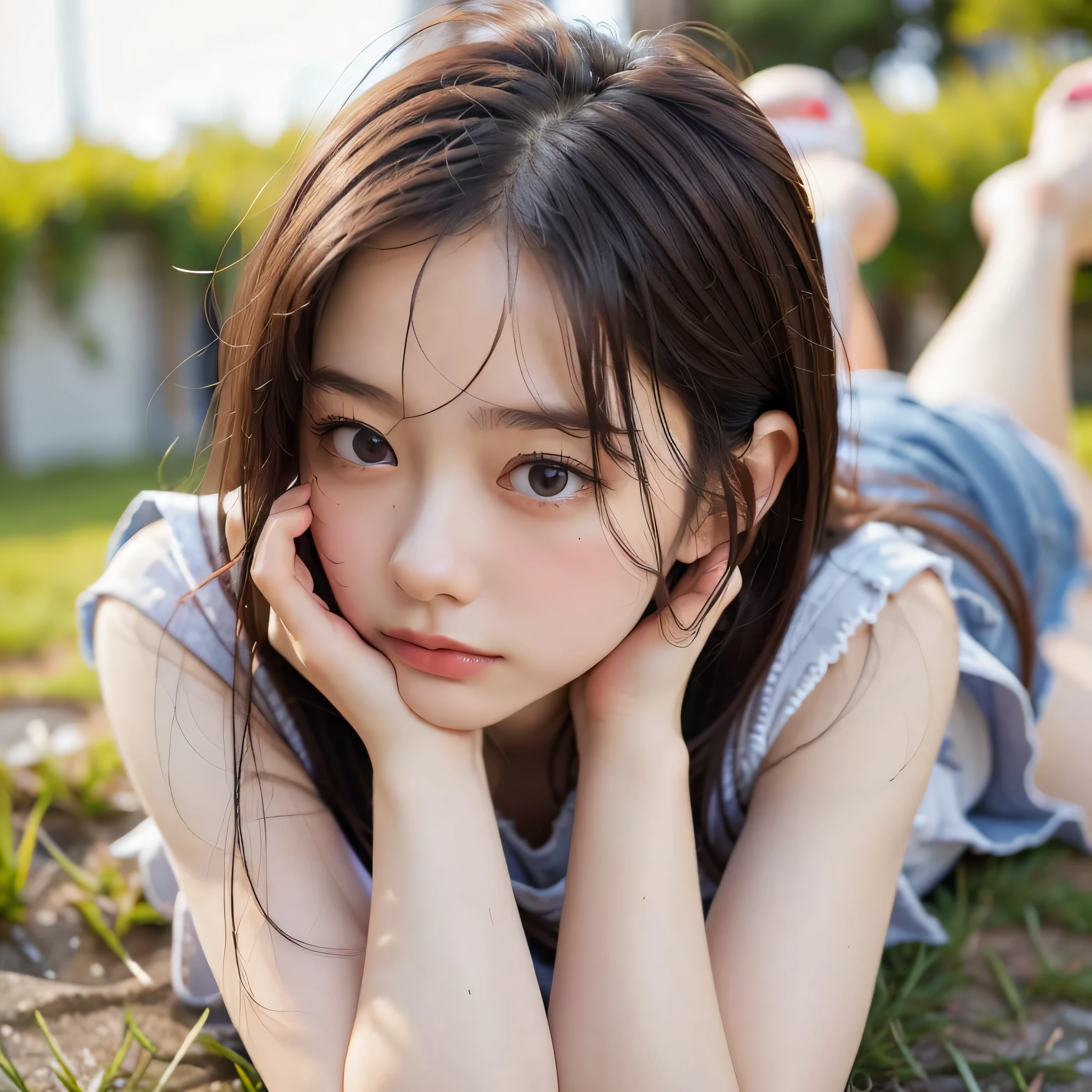 ((highest quality)), (be familiar with), beautiful girl, Japanese girl, baby face, highly detailed eyes, highly detailed nose, highly detailed mouth, beautiful feet, beautiful hand, beautiful arms, perfect anatomy :1.4, one person, no cut, outdoor, glamor, Full-body, Photo-like, grass, very huge tits, chiaroscuro, ((masterpiece)), 16k, textured skin, super detail