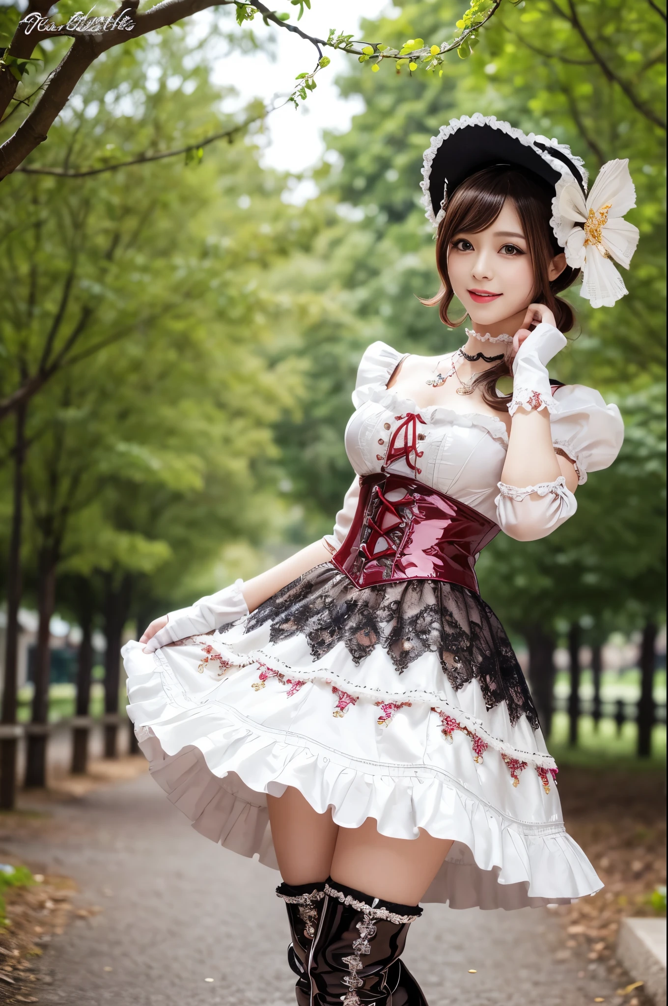 (nsfw), sexy stylish Japanese model, only 1 female, ((doll-like appearance)), short Auburn stylish hair, ((shiny Victorian-Style boots)), (big smile), ultra detailed eyes, vivid eye makeup, lip-gloss, long lashes, defined eyebrows, ((sexy Paradise Kiss cosplay)), bell-shaped skirt, petticoats, high neckline, puffed sleeves, ((ultra detailed lace)), ((ultra detailed embroidery)), intricate details, Paradise Kiss accessoires and matching headpiece, choker, ((large sparkling Paradise Kiss jewelry)), cinematic light, detailed large park background with trees