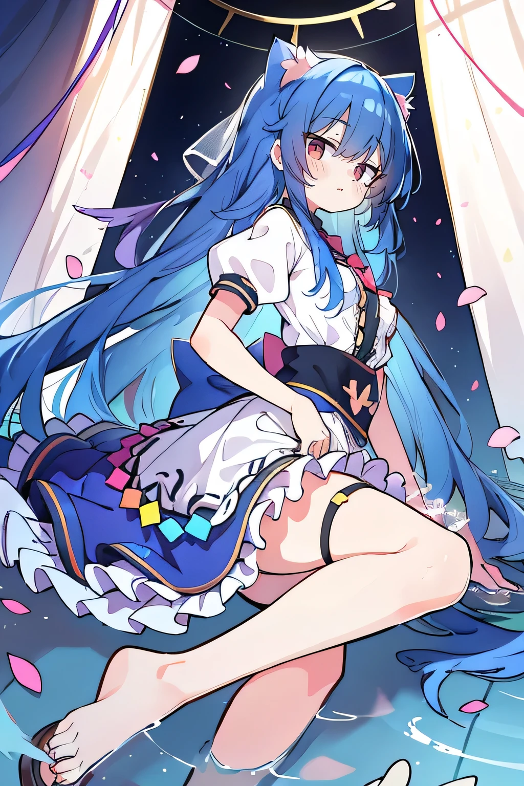 (masterpiece:1.2),Extremely detailed,Practical,expressive eyes,Fair skin,Perfect face shaping,1 Girl,
Japanese cartoons,Gorgeous blue hair, the long flowing blue hair,Floating clothes,Cat ears,Petals fall,beautiful lola,Young Angel,
Place your hands on your waist,sit elegantly on the ground,Cross your legs,Gentle and peaceful background,church，wearing wedding dress,back view,lie on the water,Large Breasts, H Cup, Good breasts, Place your hands on your waist,beautiful, Gorgeous,Japanese cartoons,girl,Lola,Hina Angel, Blue Hair, Blue Haired,Tent breasts, tent box, tent chest, Floating clothes,Grab your waist, Grab your waist, Hands on Hips , hands on hips,sit, sit on ground, Legs on the ground. 