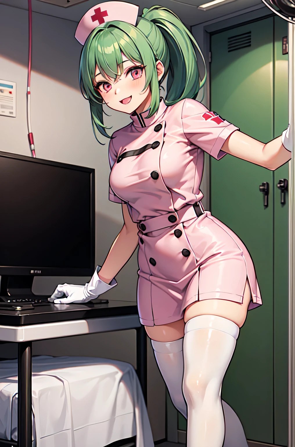 1girl, solo, nurse, nurse cap, white nurse uniform, ((white legwear, zettai ryouiki)), white gloves, ponytail, green hair, pink eyes, smile, standing, ((hospital room)), sharp outline, short sleeves, best quality, masterpiece