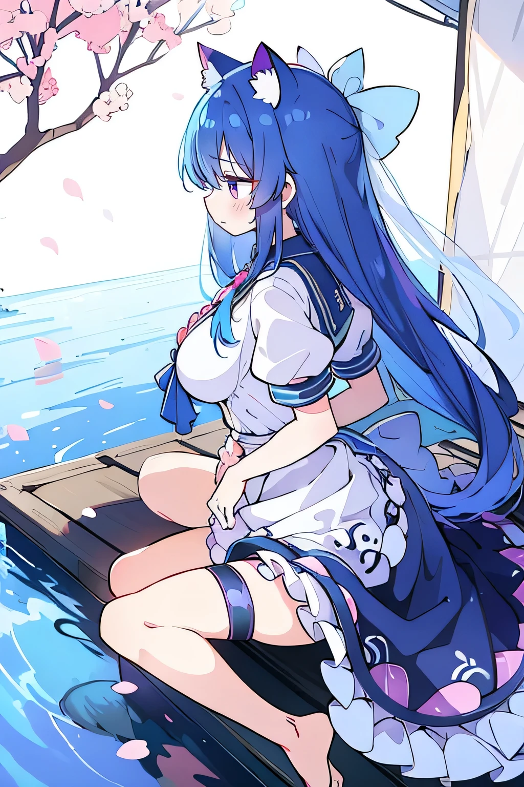 (masterpiece:1.2),Extremely detailed,Practical,expressive eyes,Fair skin,Perfect face shaping,1 Girl,
Japanese cartoons,Gorgeous blue hair, the long flowing blue hair,Floating clothes,Cat ears,Petals fall,beautiful lola,Young Angel,
Place your hands on your waist,sit elegantly on the ground,Cross your legs,Gentle and peaceful background,church,Wedding dress,back view,lie on the water,Large Breasts, H Cup, Good breasts, Place your hands on your waist,beautiful, Gorgeous,Japanese cartoons,girl,Lola,Hina Angel, Blue Hair, Blue Haired,Tent breasts, tent box, tent chest, Floating clothes,Grab your waist, Grab your waist, Hands on Hips , hands on hips,sit, sit on ground, Legs on the ground.