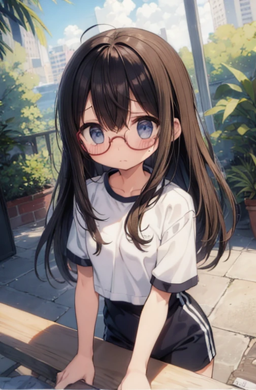 (big round glasses:1.3)、(Timid girl、sorrow、blush、Watery eye:1.2)、Long black hair、White short sleeve shirt、Navy blue shorts、(Gym suit)、 、Flat body