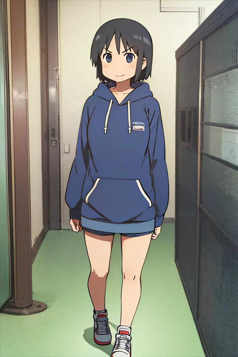 Kyoto animation, female, short hair, middle parted hairstyle, black hair, dark blue eye, cute face, thick eyebrows, big breast, sexy butt, slim body, sexy thigs, dark blue and white half body hoodie, short pants above thigs, brave smile, 90s style,