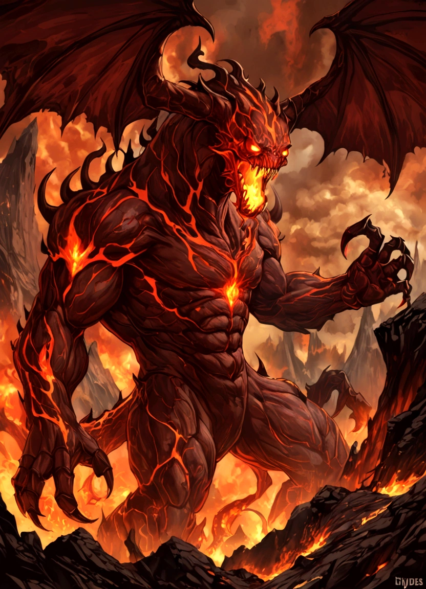 a female balrog, balrog, fire monster, monster, monster made of molten lava, wings made of fire, trailing smoke, smoldering embers, burning flesh, fire realm