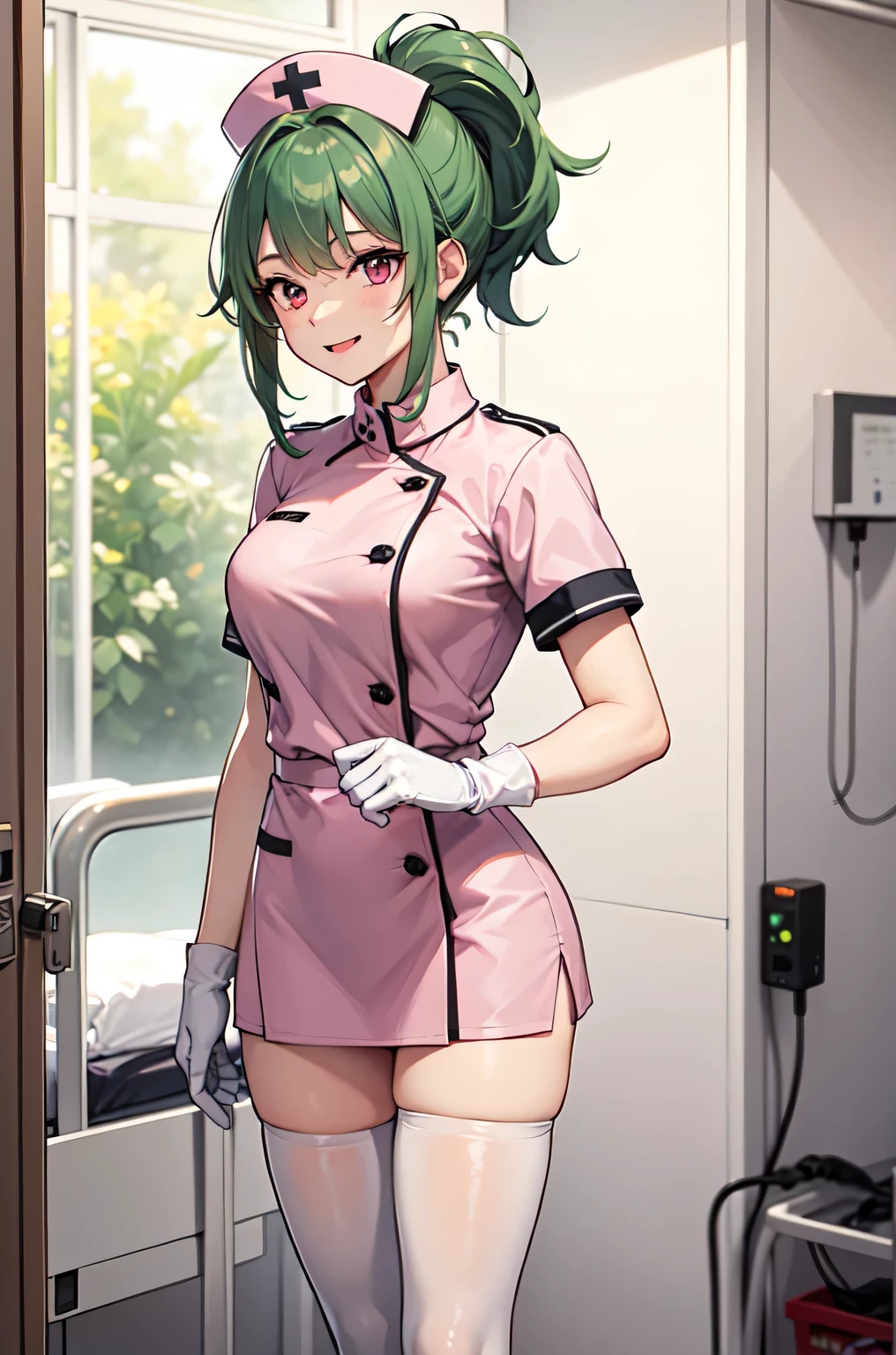 1girl, solo, nurse, nurse cap, white nurse uniform, ((white legwear, zettai ryouiki)), white gloves, ponytail, green hair, pink eyes, smile, standing, ((hospital room)), sharp outline, short sleeves, best quality, masterpiece