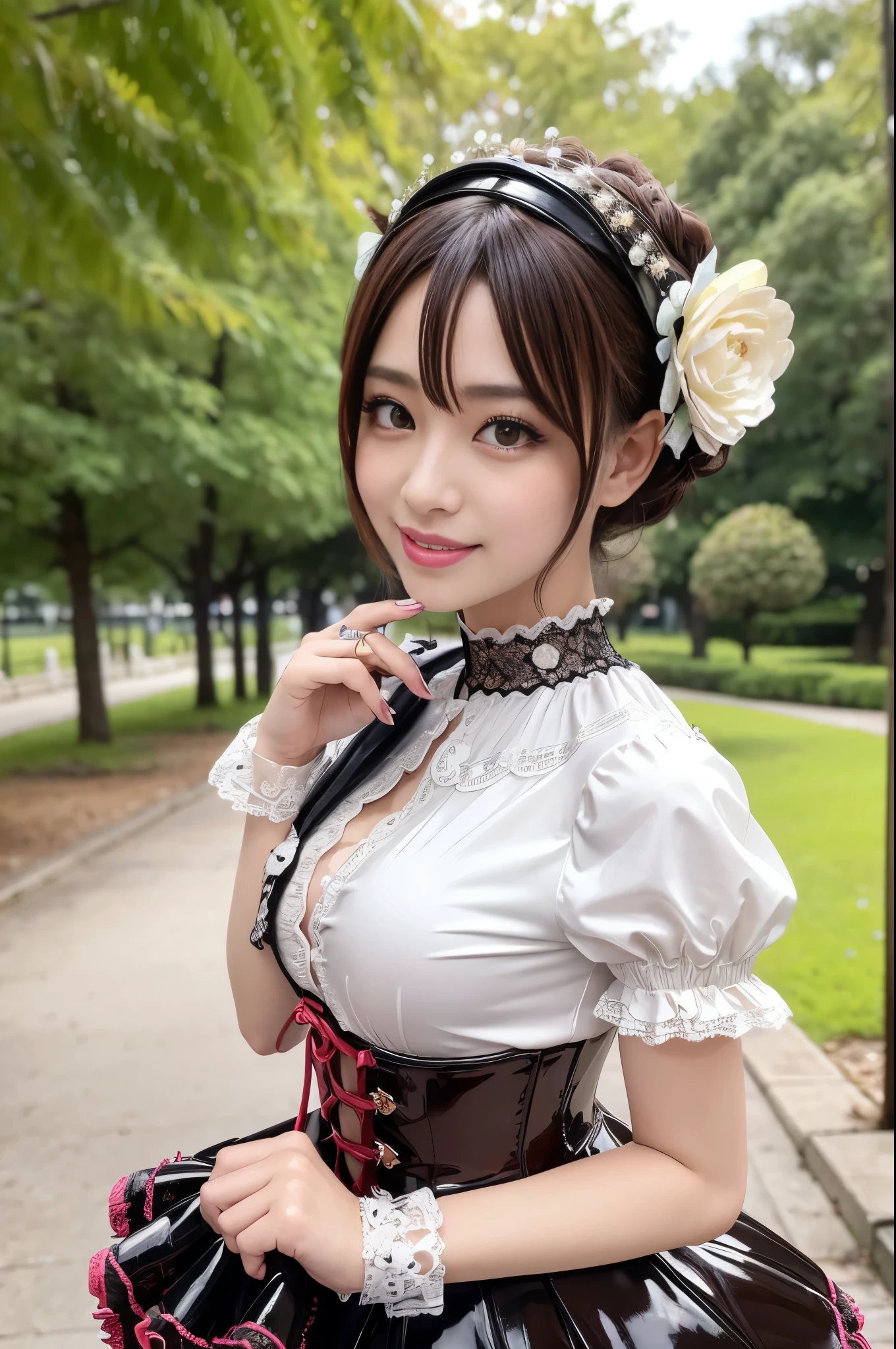 (nsfw), sexy stylish Japanese model, only 1 female, ((doll-like appearance)), short Mahogany stylish hair, ((shiny Victorian-Style boots)), (big smile), ultra detailed eyes, vivid eye makeup, lip-gloss, long lashes, defined eyebrows, ((sexy Paradise Kiss cosplay)), bell-shaped skirt, petticoats, high neckline, puffed sleeves, ((ultra detailed lace)), ((ultra detailed embroidery)), intricate details, Paradise Kiss accessoires and matching headpiece, choker, ((large sparkling Paradise Kiss jewelry)), cinematic light, detailed large park background with trees