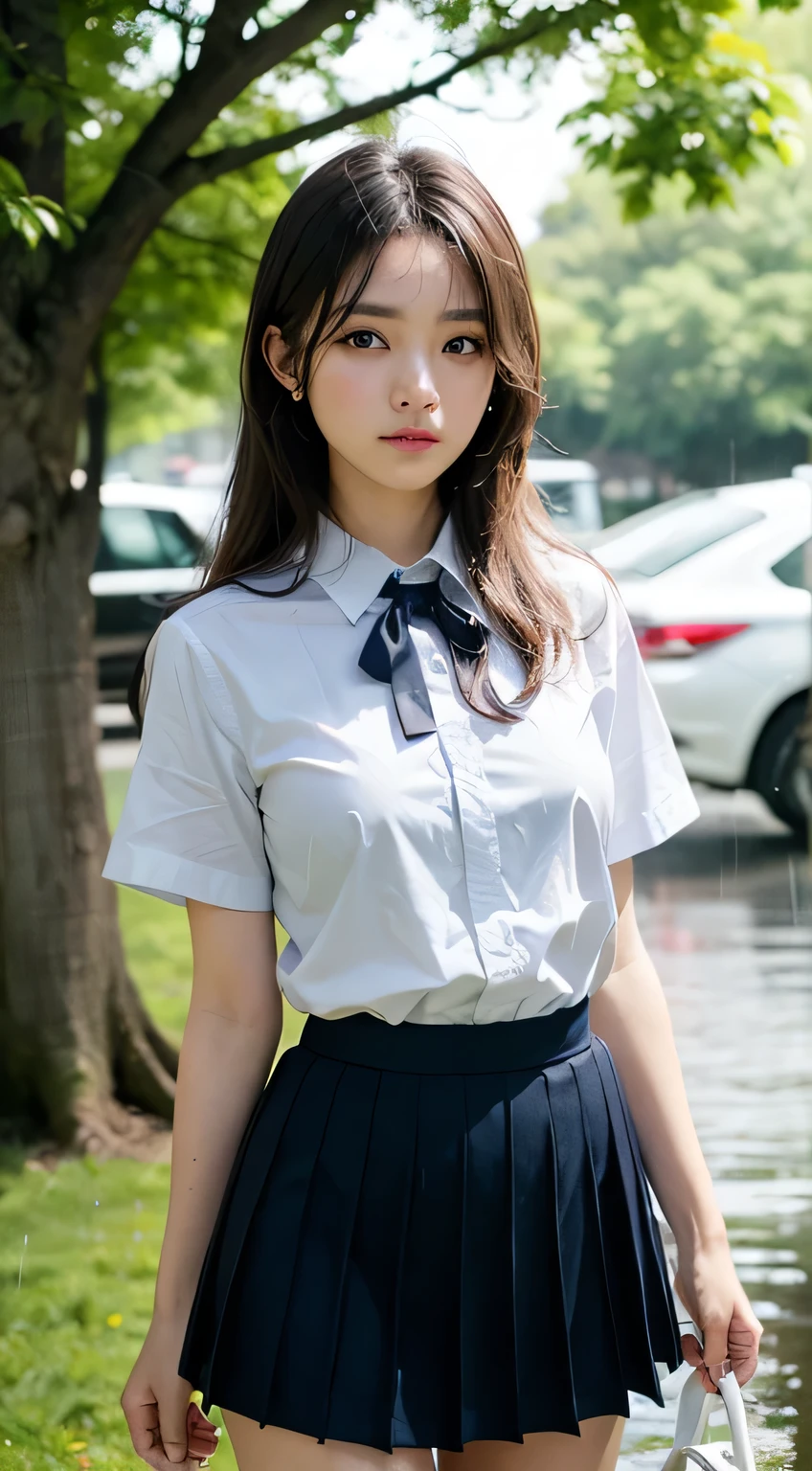 (masterpiece, highest quality:1.2), 8k, 15 years, 85mm, Official Art, RAW Photos, Absurd、((Under a big tree in a natural park:1.4))、((Rainfall:1.4))、((Dark rainy sky in the evening:1.4))、Pretty face, close, ((Cowboy Shot:1.4))、Beautiful girl with straight medium long hair,(((Schoolgirl uniform 1.4)))、(((White short sleeve low cut button front shirt、Dark blue ribbon)))、((White shirt:1.4))、((Ultra micro mini dark blue pleated skirt)) Squeeze the waist, Thighs, Short sleeve, Model pose、View your audience, No makeup, (smile:0.4), Film Grain, chromatic aberration, Sharp focus, Face Light, Bright lighting, Teen, Detailed face, Bokeh Background、Sad look:1.7、Lou's Symmetrical Ribbon:1.4))、(Long Hair Girl:1.7)、(Beautiful Face:1.3)、(Perfect balance:1.2)、(Long legs:1.2)、(Small breasts:1.3)、((Blouse wet in the rain))、(Bra is sheer)、(((Wet Hair)))、See-through:1.7、