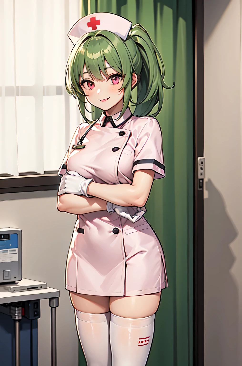 1girl, solo, nurse, nurse cap, white nurse uniform, ((white legwear, zettai ryouiki)), white gloves, ponytail, green hair, pink eyes, smile, standing, ((hospital room)), sharp outline, short sleeves, best quality, masterpiece