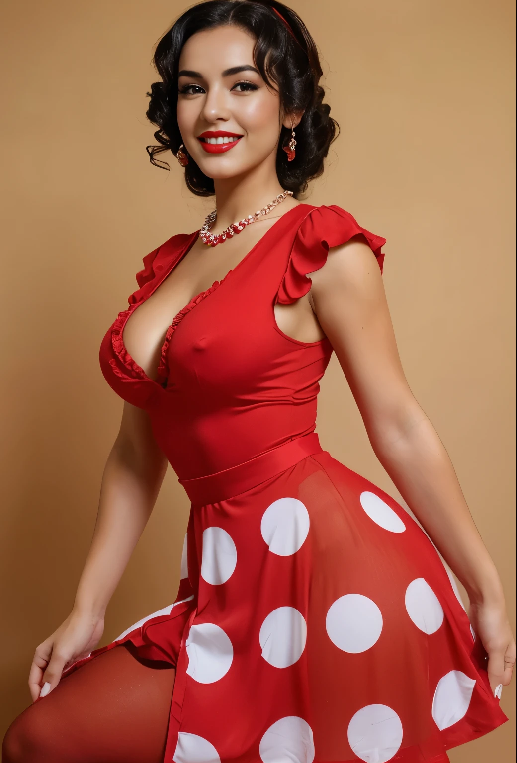 Photo of the famous sexy model Ana de la Reguera, mexico, she has big lips she is mulatto Mexican, Mexican culture sexual and emotional, She has curly black hair, creating a mysterious and sexy image. Model dressed in pin-up style with dark hair styled in pin-up style "victory rolls" and curly bangs. Her plump red lips make her look sexy. She has average breast size. She portrays a pin-up model, posing in various sexual positions. Against a white background, she appears in a red retro dress with large polka dots with a fluffy, voluminous ballerina skirt. She has a red bandana on her head, and on his feet - red stockings. The photo is made in pin-up style, emphasizing the retro-USA vibe. smiling
