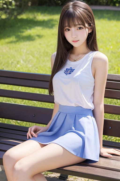 high resolution、high quality、High resolution、4K,17 year old female high school student、Wearing a high 、Short skirt、I can see her ass、Lying on a bench、Beautiful legs、Long legs、Beautiful Skin、Smooth Skin、