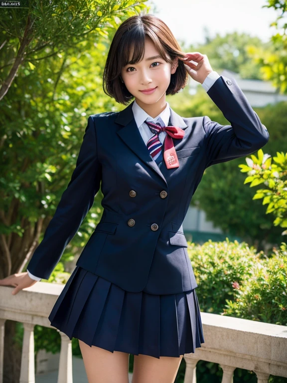 (RAW Photos:1.2), (Realistic:1.4), Beautiful detailed girl, Very detailed eyes and face, Beautiful details, Ridiculous, incredibly Ridiculous, Large file size, Very detailed, High resolution, Very detailed, highest quality, masterpiece, kemomimi, ((Japanese school girl uniform)), shape, Very detailed, CG, Unified, 8k wallpaper, wonderful, Fine details, masterpiece, highest quality, Very detailed CG uniform 8k wallpaper, Light on the face, Cinema Lighting, One Girl,Shy smile、Big Ass、shoot from below、School Uniforms、Red tie、Dark blue pleated skirt、garden、There is nature、noon、Ample breasts、24-years-old、Short Hair