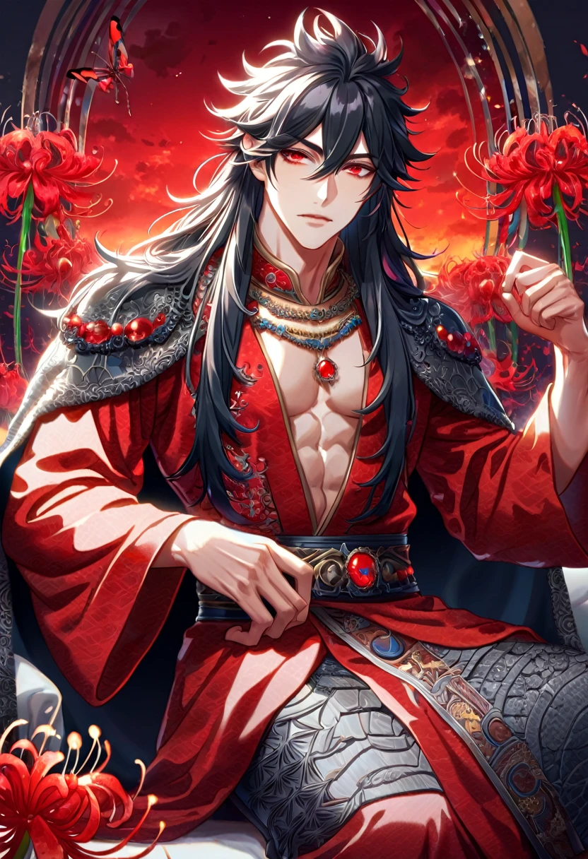 absurdres, highres, ultra detailed, HDR, master piece, best quality, extremely detailed face, delicated features, Xue Yu, untamed spiky hair, black long hair, hair between the eyes, expressive red eyes, Thousand Years War, solo, y man, handsome, toned chest, black cape, red robccessories, patterns, sitting, red sky, red butterfl red spider lilies, fantasy, magical, radiant