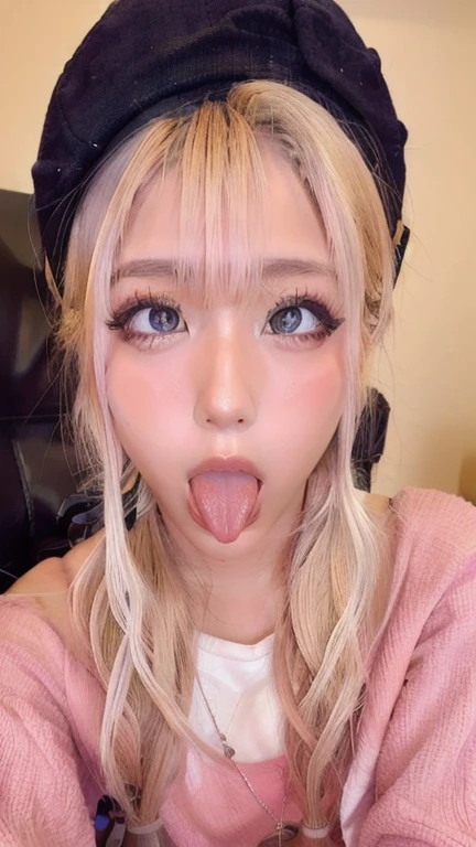 Japanese women, beautiful girl, Gal,Blonde、 , Realistic skin of the highest quality, Eyes are focused, 20-year-old, Sticking out tongue, Focus on the mouth, Open your mouth, Long Tongue, saliva, Open your mouth , You can see inside the mouth, Open your mouth 舌を突き出す, Realistic tongue