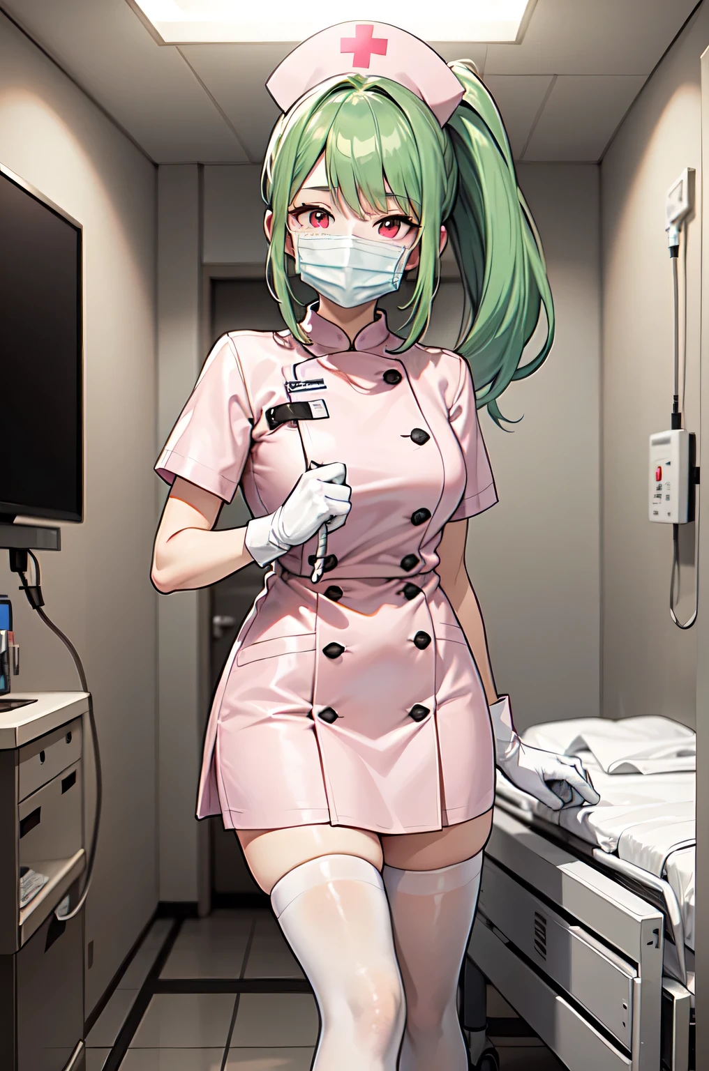 1girl, solo, nurse, nurse cap, white nurse uniform, ((white legwear, zettai ryouiki)), white gloves, ponytail, green hair, pink eyes, ((white surgical mask, covered nose)), standing, ((hospital room)), sharp outline, short sleeves, best quality, masterpiece